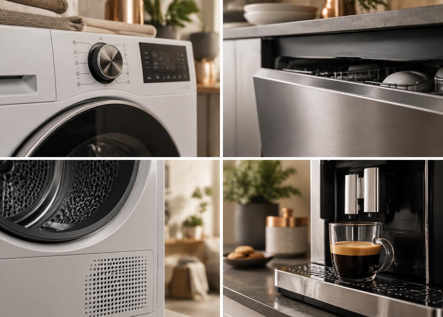 Ausgewählte Elektrogeräte wie Waschmaschine, Trockner, Geschirrspüler und Kaffeevollautomat