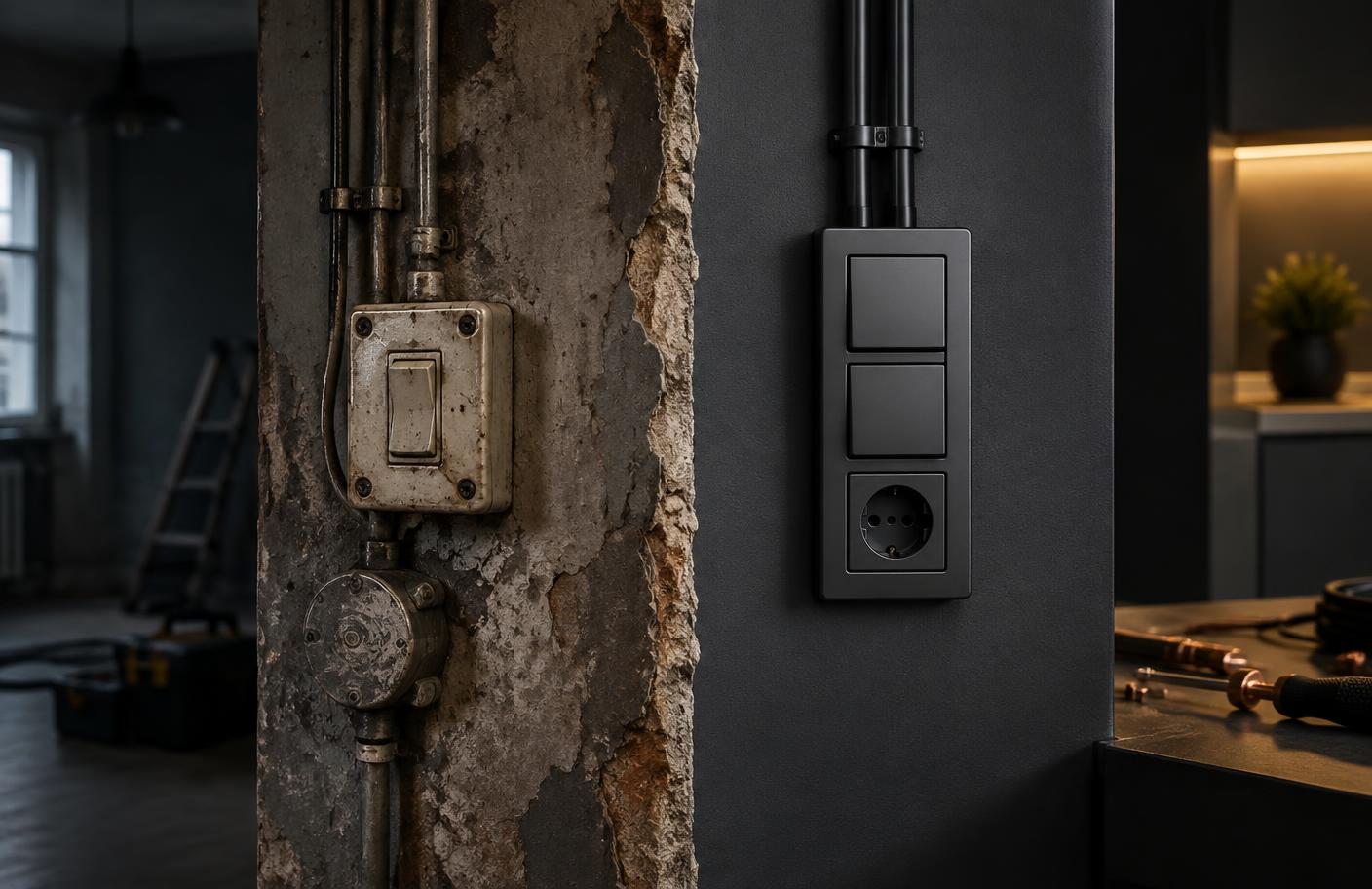 Alte und modernisierte elektrische Installation im Vergleich